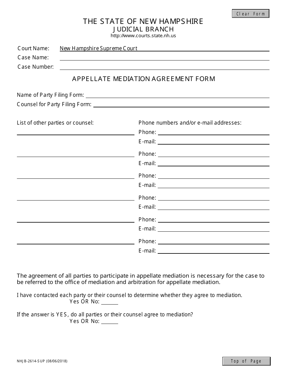 Form NHJB-2614-SUP Appellate Mediation Agreement Form - New Hampshire, Page 1