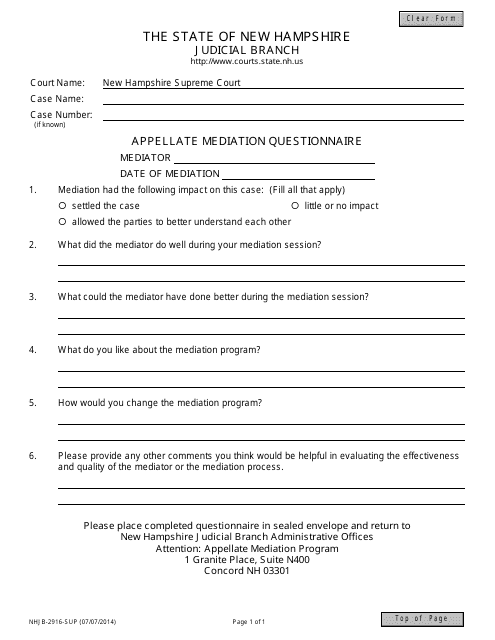 Form NHJB-2916-SUP Appellate Mediation Questionnaire - New Hampshire