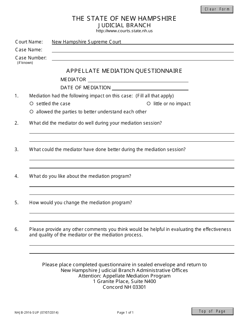 Form NHJB-2916-SUP Appellate Mediation Questionnaire - New Hampshire, Page 1
