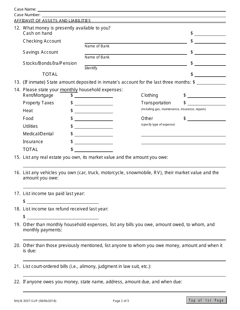 Form NHJB-3037-SUP Affidavit of Assets and Liabilities - New Hampshire, Page 2