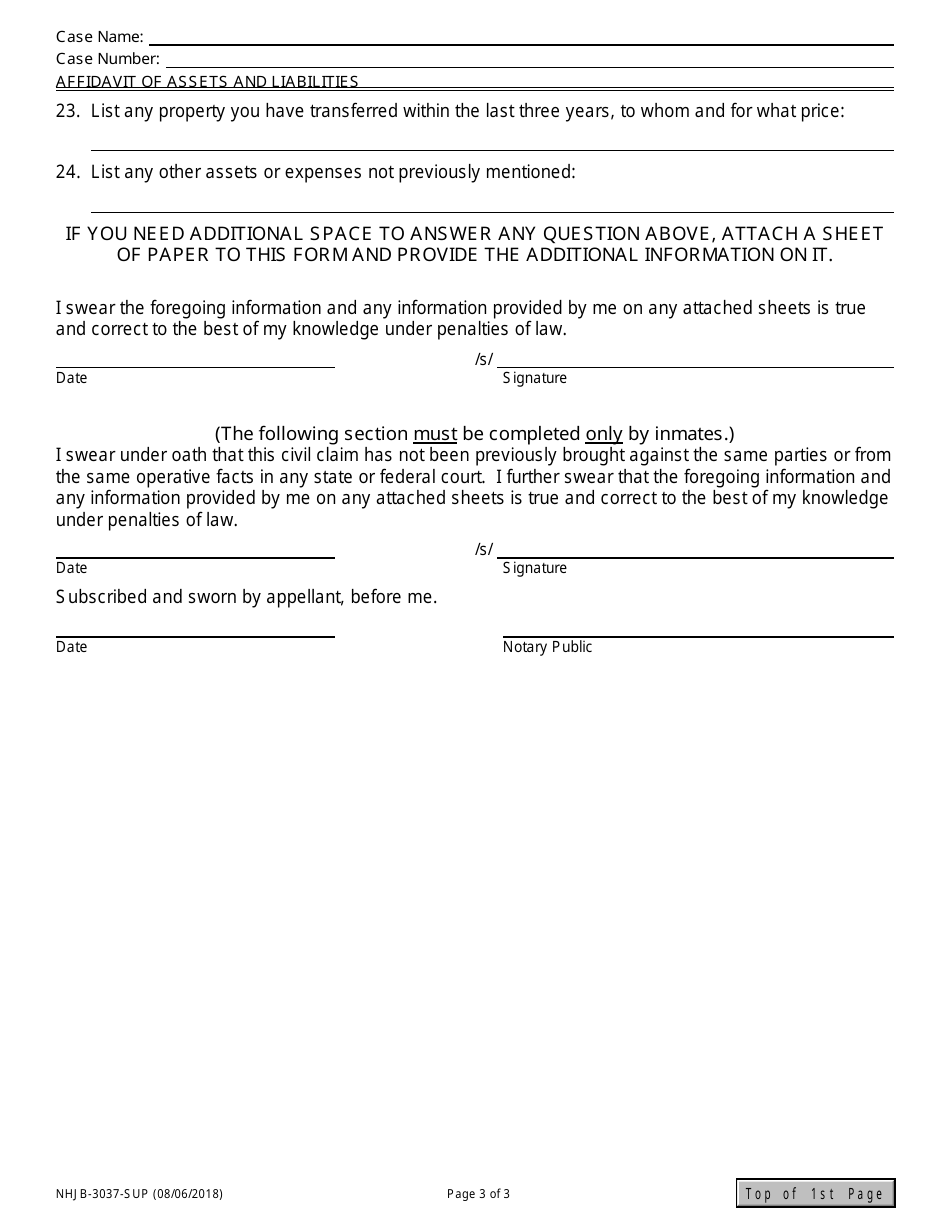 Form NHJB-3037-SUP Affidavit of Assets and Liabilities - New Hampshire, Page 3