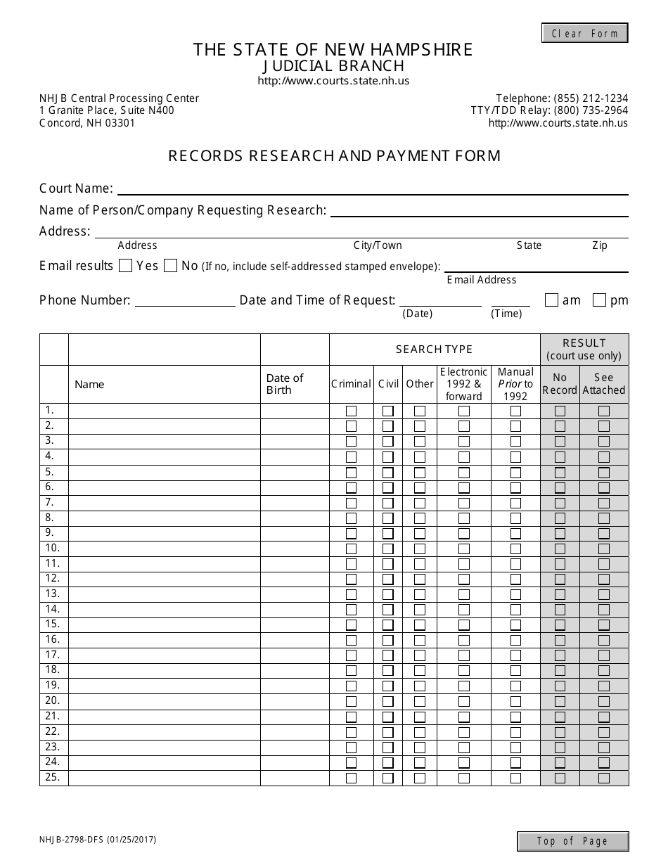 Form NHJB-2798-DFS Records Research and Payment Form - New Hampshire, Page 1