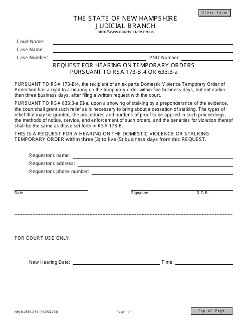 Form NHJB-2589-DFS Request for Hearing on Temporary Orders Pursuant to Rsa 173-b:4 or 633:3-a - New Hampshire