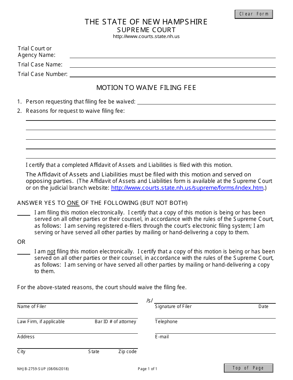 Form NHJB-2759-SUP Motion to Waive Filing Fee - New Hampshire, Page 1