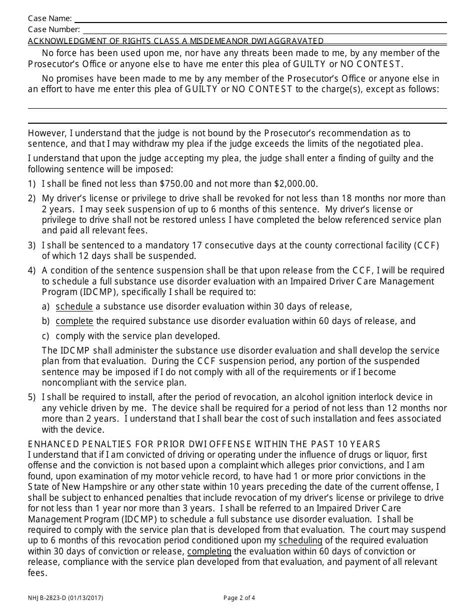 Form NHJB-2823-D Acknowledgment of Rights - Class a Misdemeanor Dwi Aggravated - New Hampshire, Page 2
