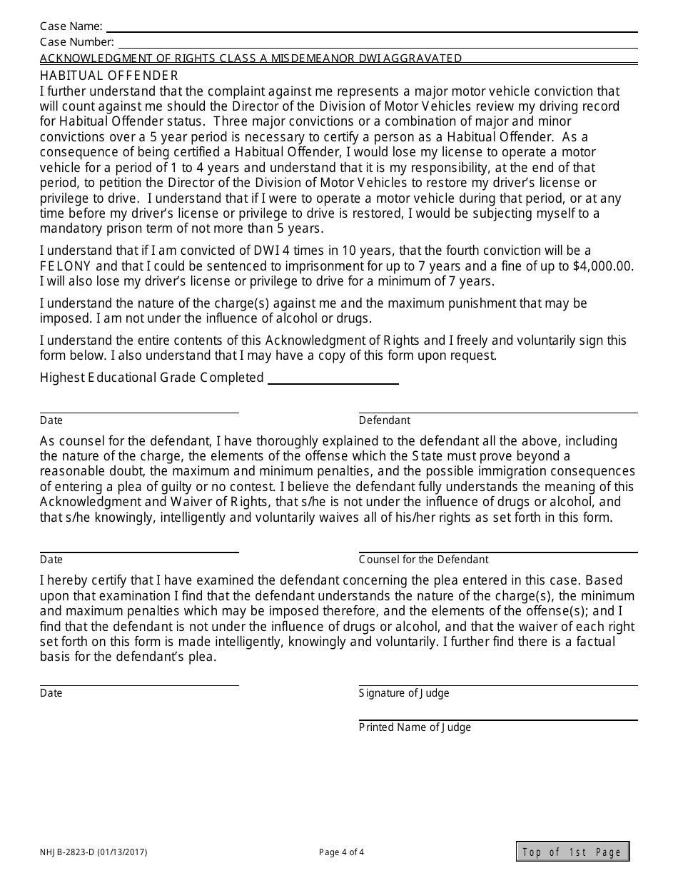 Form NHJB-2823-D Acknowledgment of Rights - Class a Misdemeanor Dwi Aggravated - New Hampshire, Page 4