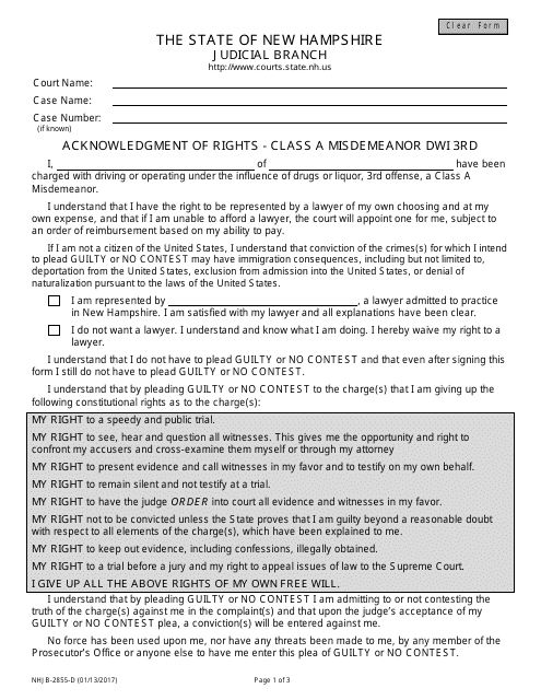 Form NHJB-2855-D Acknowledgment of Rights - Class a Misdemeanor Dwi 3rd - New Hampshire