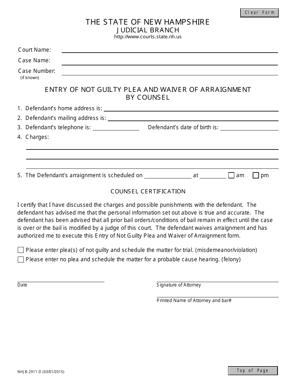 Form NHJB-2911-D Entry of Not Guilty Plea and Waiver of Arraignment by Counsel - New Hampshire, Page 1