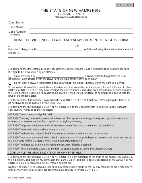 Form NHJB-2940-D Domestic Violence-Related Acknowledgment of Rights Form - New Hampshire