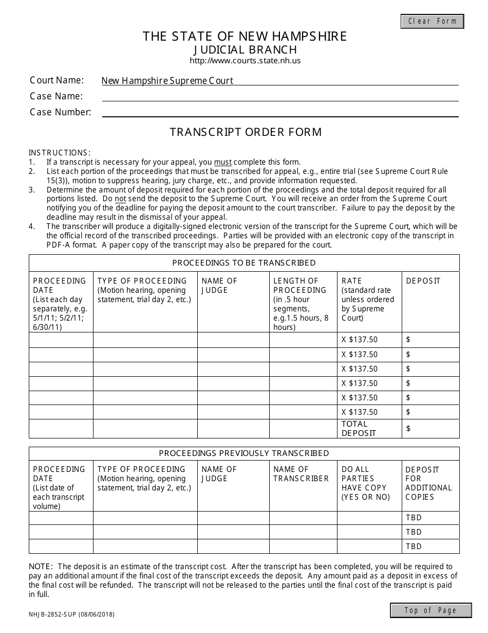 Form NHJB-2852-SUP Transcript Order Form - New Hampshire, Page 1