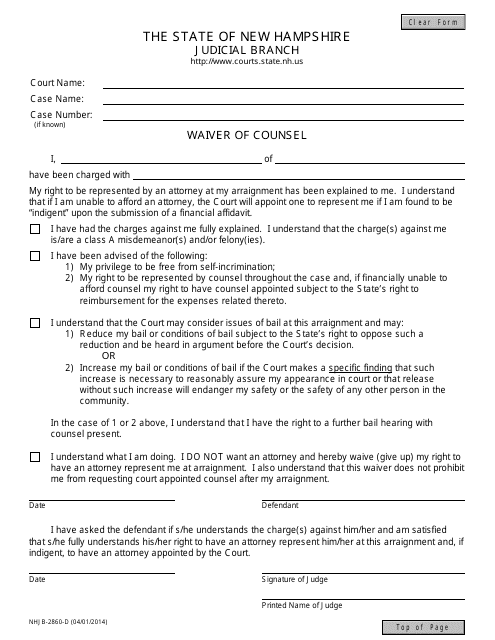 Form NHJB-2860-D Waiver of Counsel - New Hampshire