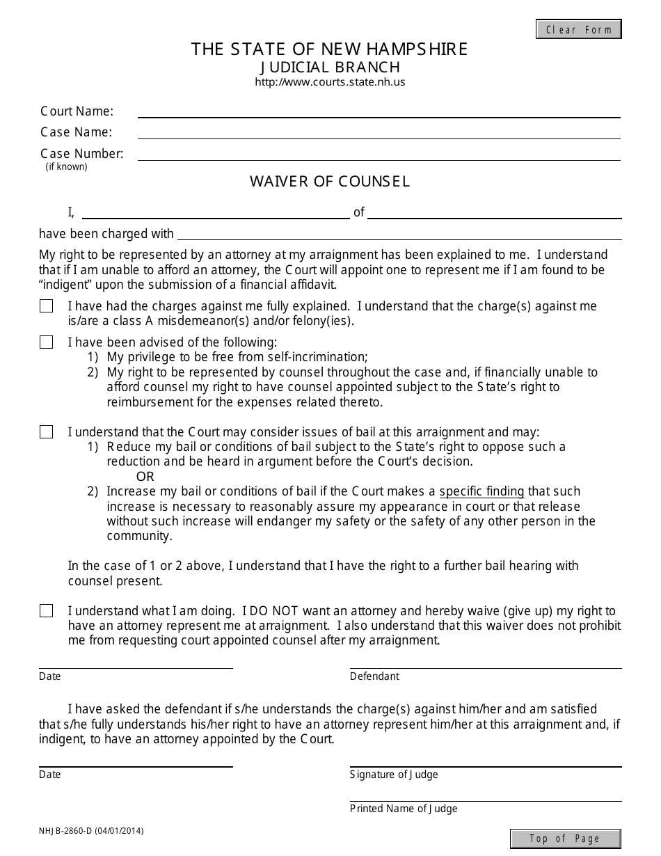 Form NHJB-2860-D Waiver of Counsel - New Hampshire, Page 1
