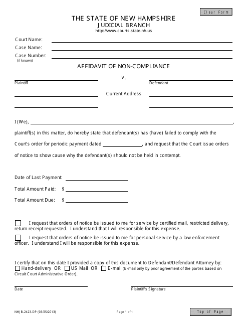 Form NHJB-2423-DP Affidavit of Non-compliance - New Hampshire
