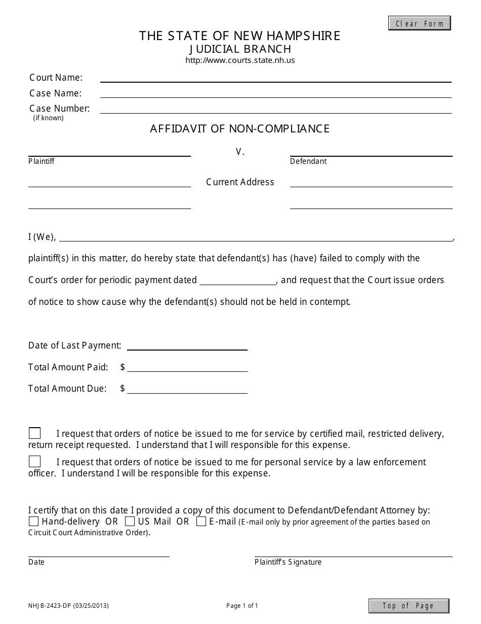 Form NHJB-2423-DP Affidavit of Non-compliance - New Hampshire, Page 1