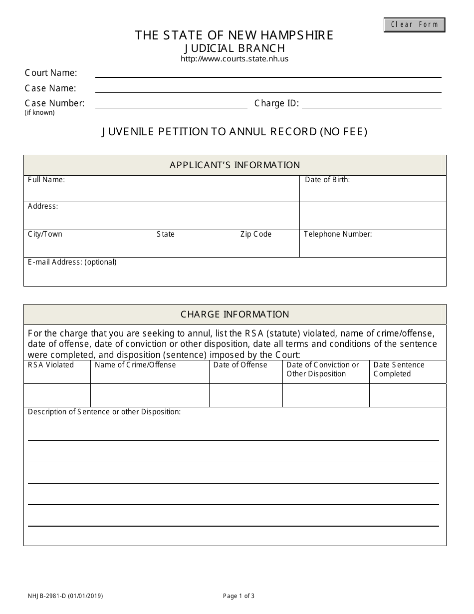 Form NHJB-2981-D Juvenile Petition to Annul Record (No Fee) - New Hampshire, Page 1