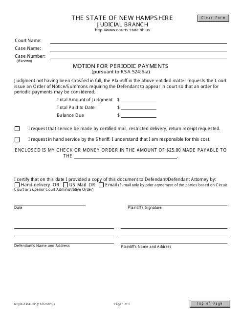 Form NHJB-2364-DP Motion for Periodic Payments (Pursuant to Rsa 524:6-a) - New Hampshire