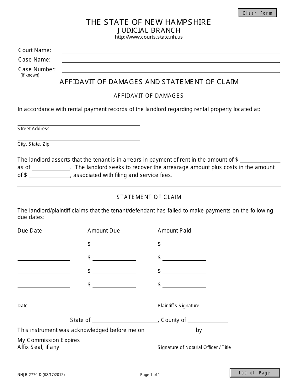 Form NHJB-2770-D Affidavit of Damages and Statement of Claim - New Hampshire, Page 1