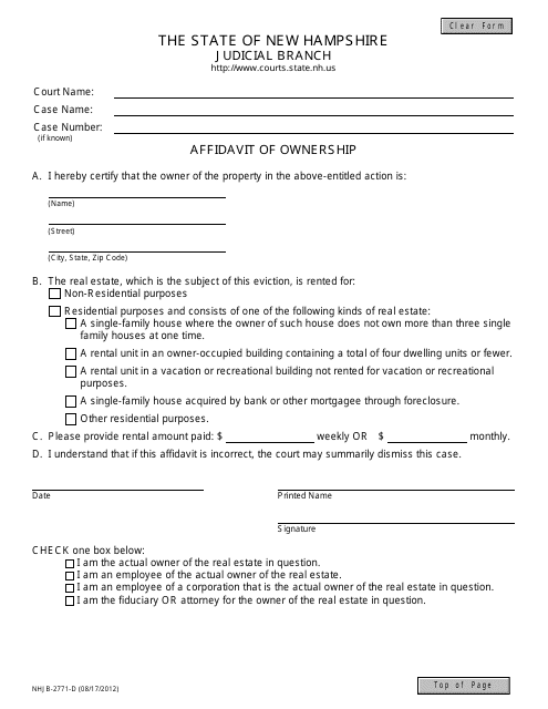 Form NHJB-2771-D Affidavit of Ownership - New Hampshire