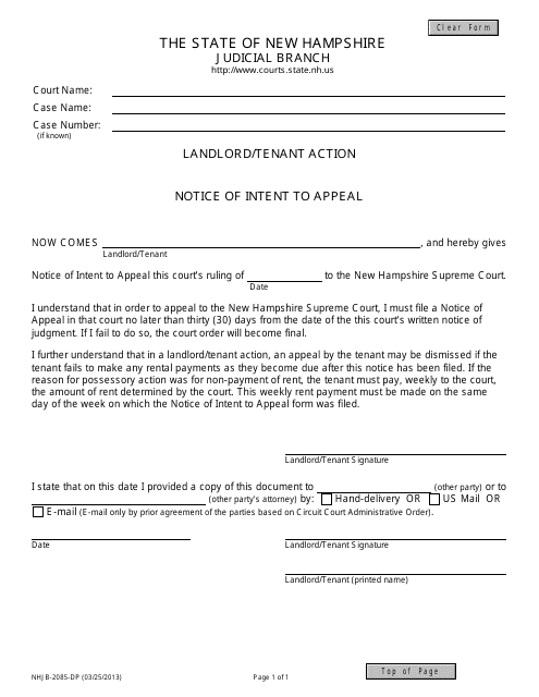 Form NHJB-2085-DP Landlord/Tenant Action Notice of Intent to Appeal - New Hampshire