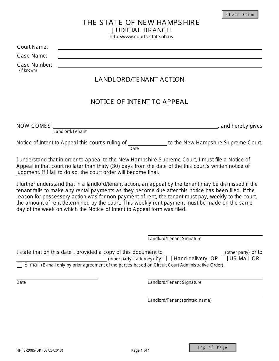 Form NHJB-2085-DP Landlord / Tenant Action Notice of Intent to Appeal - New Hampshire, Page 1