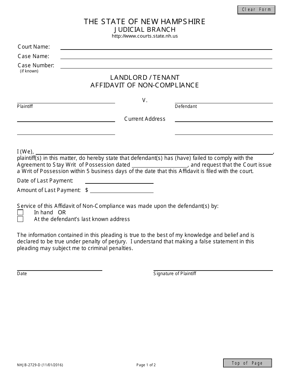 Form NHJB-2729-D Landlord / Tenant Affidavit of Non-compliance - New Hampshire, Page 1