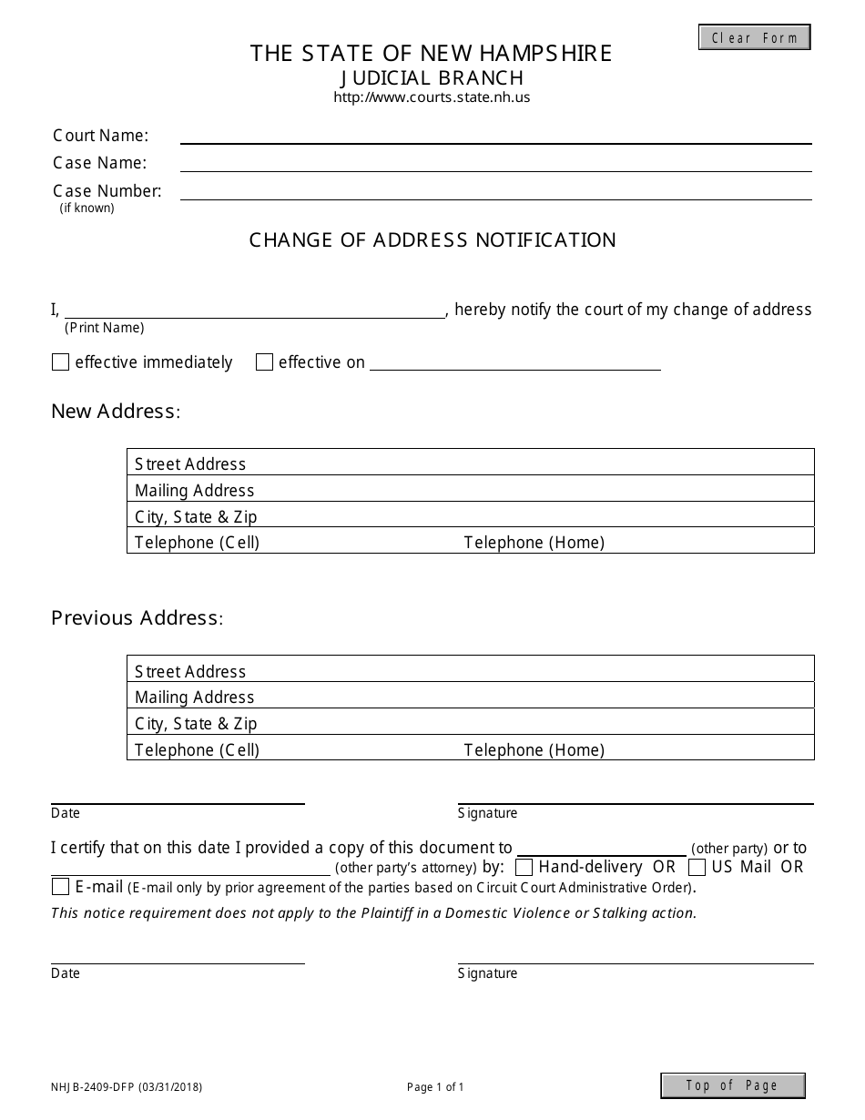 Form NHJB-2409-DFP Change of Address Notification - New Hampshire, Page 1