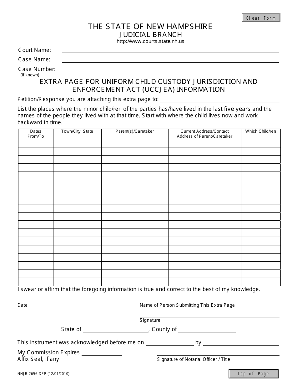 Form NHJB-2656-DFP Extra Page for Uniform Child Custody Jurisdiction and Enforcement Act (Uccjea) Information - New Hampshire, Page 1