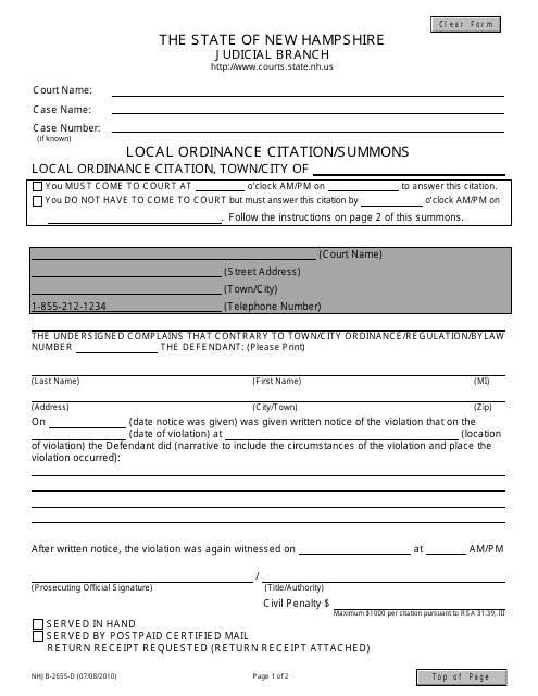 Form NHJB-2655-D Local Ordinance Citation/Summons - New Hampshire