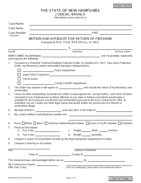 Form NHJB-2055-DF Motion and Affidavit for Return of Firearms - New Hampshire