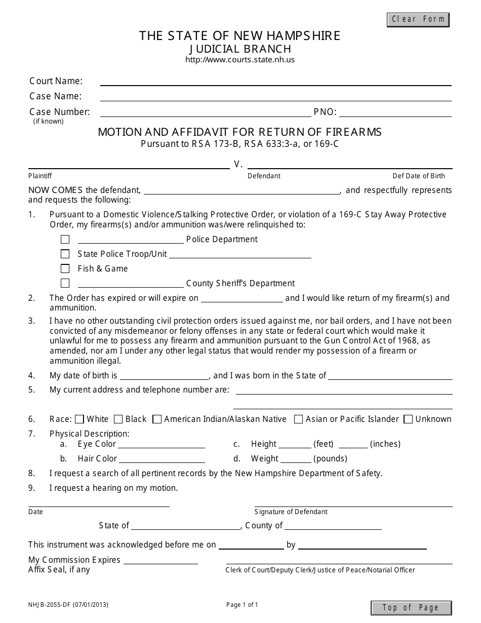 Form NHJB-2055-DF Motion and Affidavit for Return of Firearms - New Hampshire, Page 1