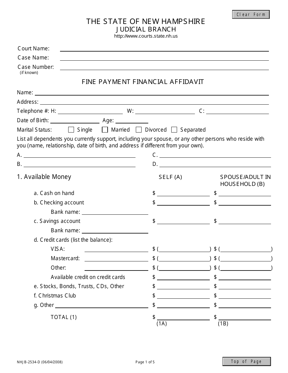 Form NHJB-2534-D Fine Payment Financial Affidavit - New Hampshire, Page 1