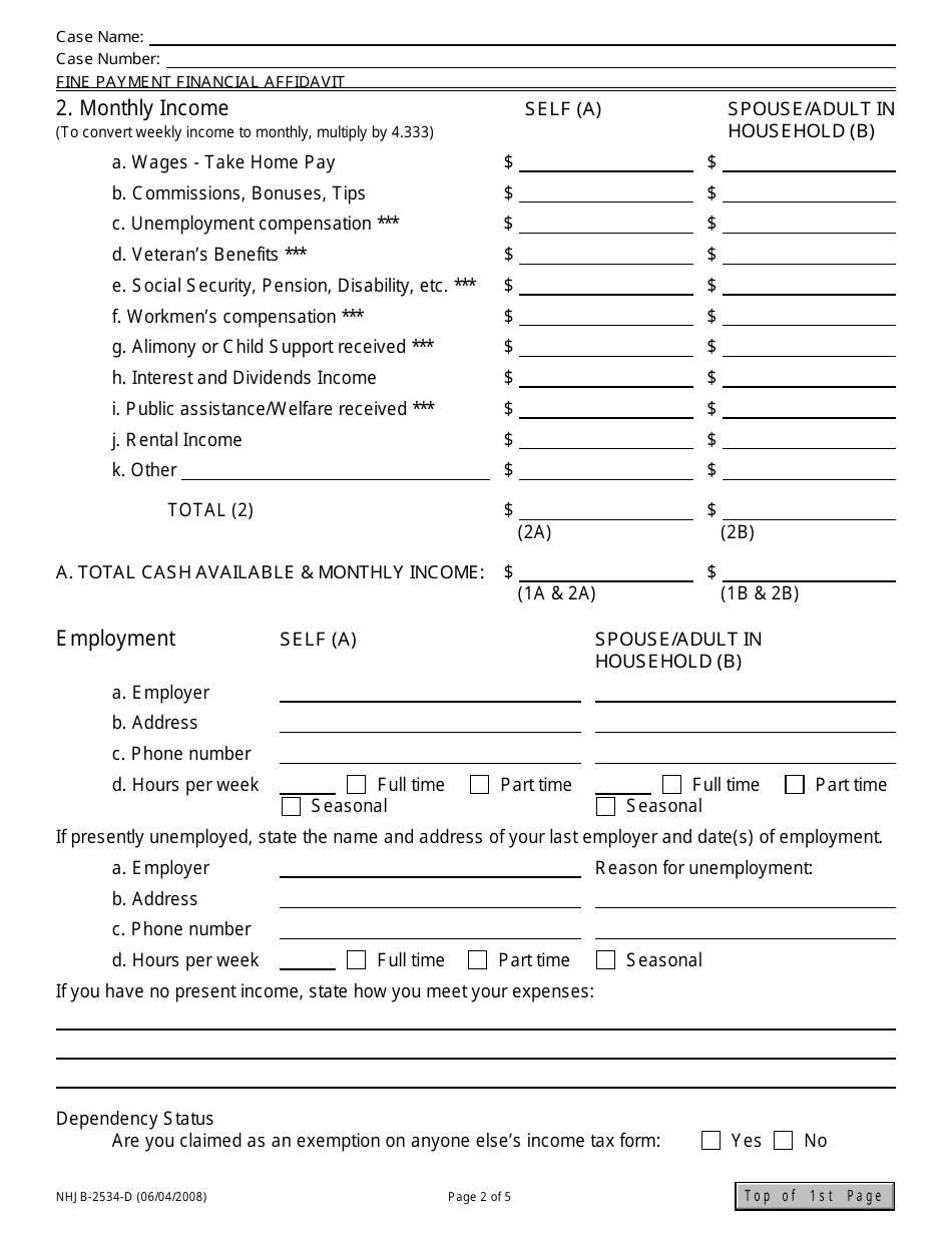Form NHJB-2534-D Fine Payment Financial Affidavit - New Hampshire, Page 2