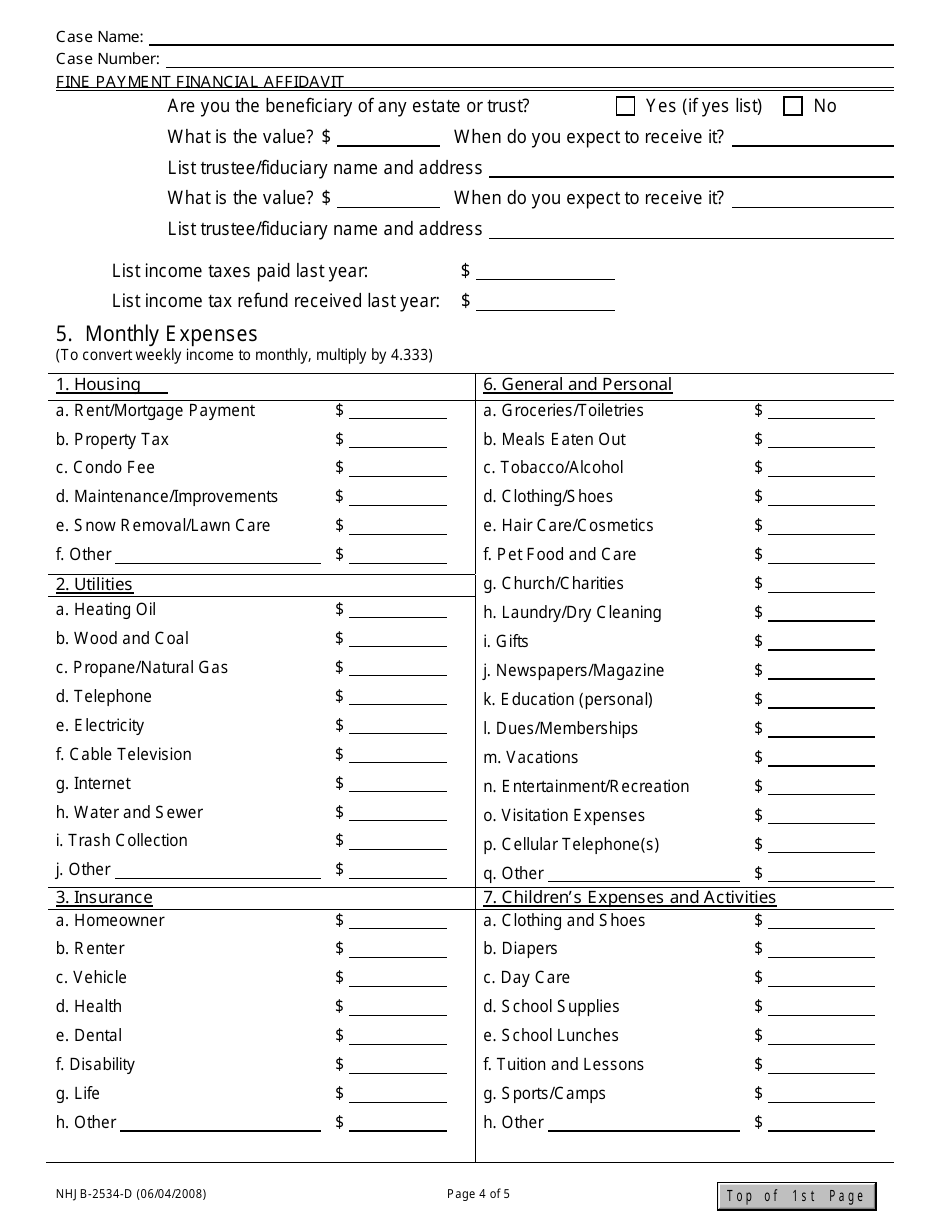 Form NHJB-2534-D Fine Payment Financial Affidavit - New Hampshire, Page 4