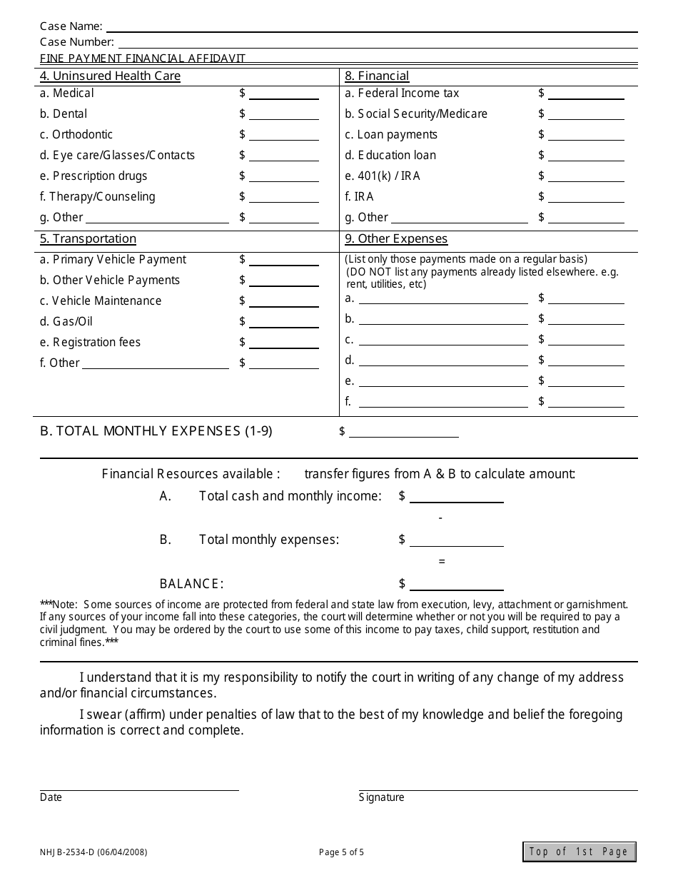 Form NHJB-2534-D Fine Payment Financial Affidavit - New Hampshire, Page 5