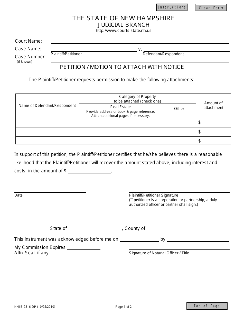 Form NHJB-2316-DP Petition / Motion to Attach With Notice - New Hampshire, Page 1