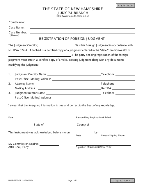 Form NHJB-2705-DP Registration of Foreign Judgment - New Hampshire