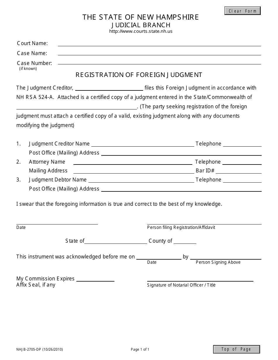 Form NHJB-2705-DP Registration of Foreign Judgment - New Hampshire, Page 1