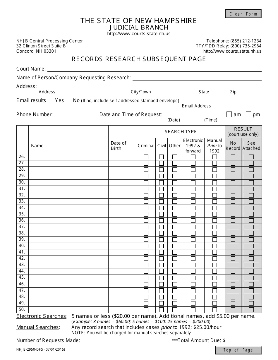 Form NHJB-2950-DFS Record Research Subsequent Page - New Hampshire, Page 1