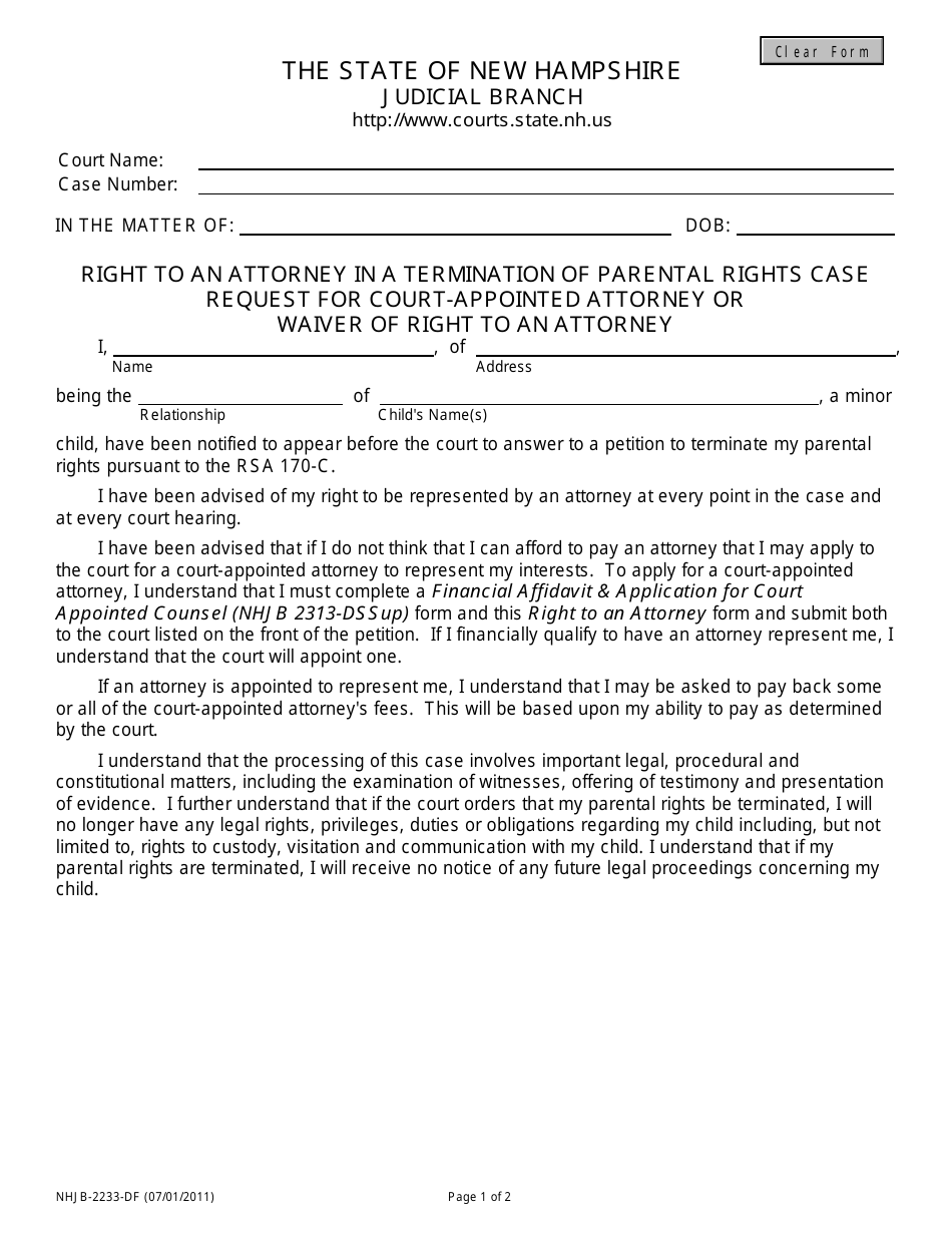 Form NHJB-2233-DF Right to an Attorney in a Termination of Parental Rights Case, Request for Court-Appointed Attorney or Waiver of Right to an Attorney - New Hampshire, Page 1