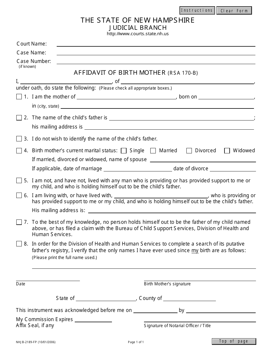 Form NHJB-2189-FP Affidavit of Birth Mother - New Hampshire, Page 1