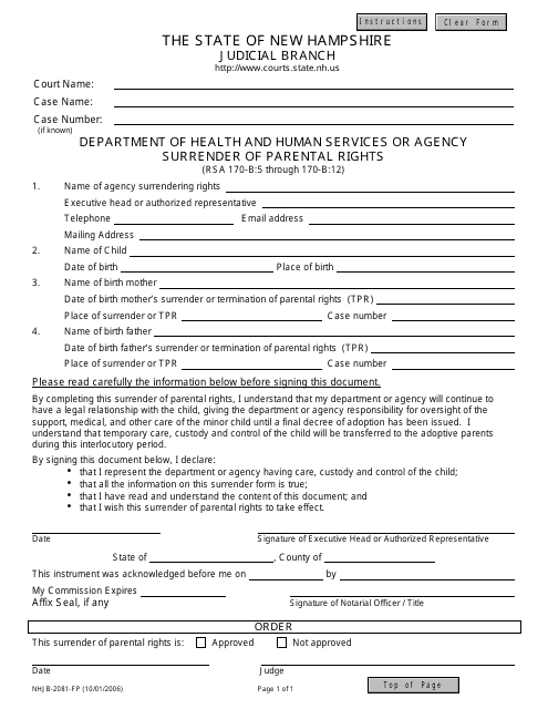 Form NHJB-2081-FP Department of Health and Human Services or Agency Surrender of Parental Rights - New Hampshire