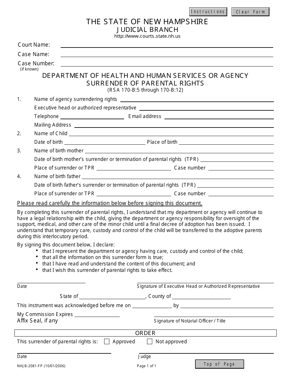 Form NHJB-2081-FP Department of Health and Human Services or Agency Surrender of Parental Rights - New Hampshire, Page 1