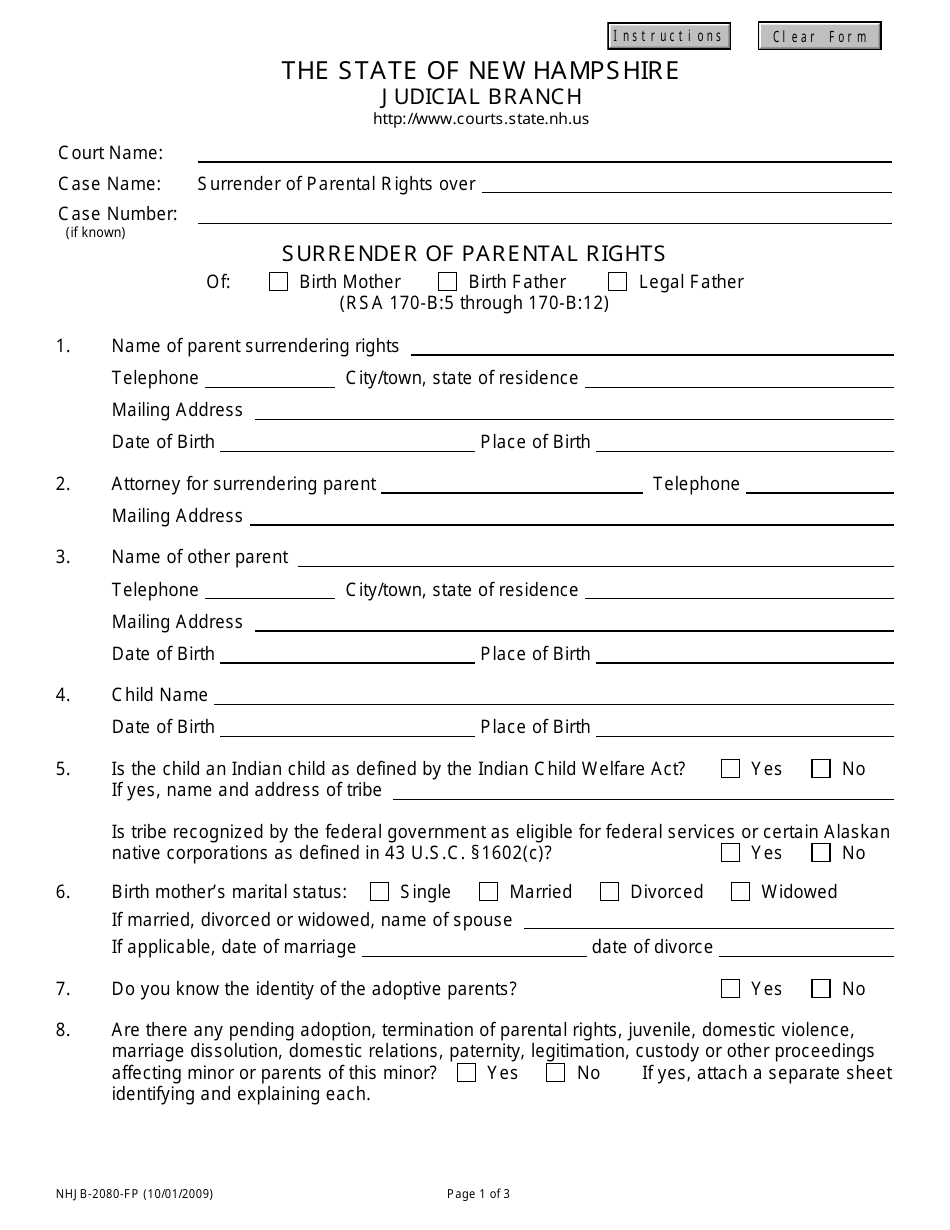 Form NHJB-2080-FP Surrender of Parental Rights - New Hampshire, Page 1