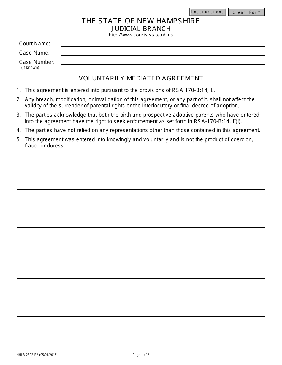 Form NHJB-2302-FP Voluntarily Mediated Agreement - New Hampshire, Page 1