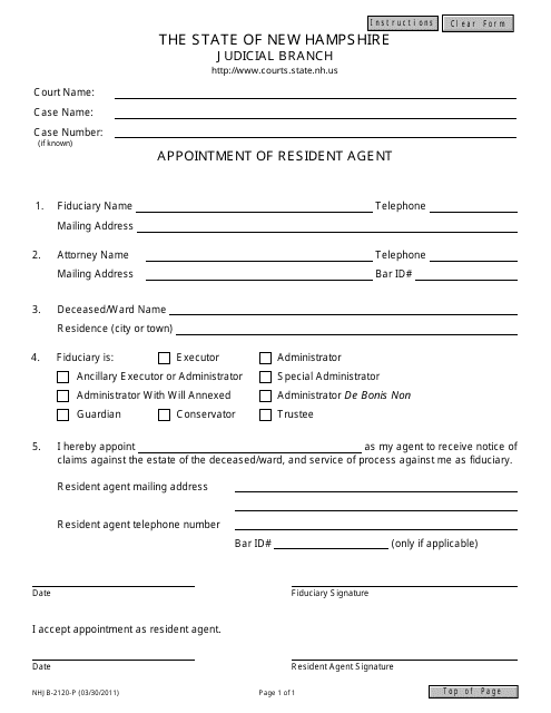 Form NHJB-2120-P Appointment of Resident Agent - New Hampshire