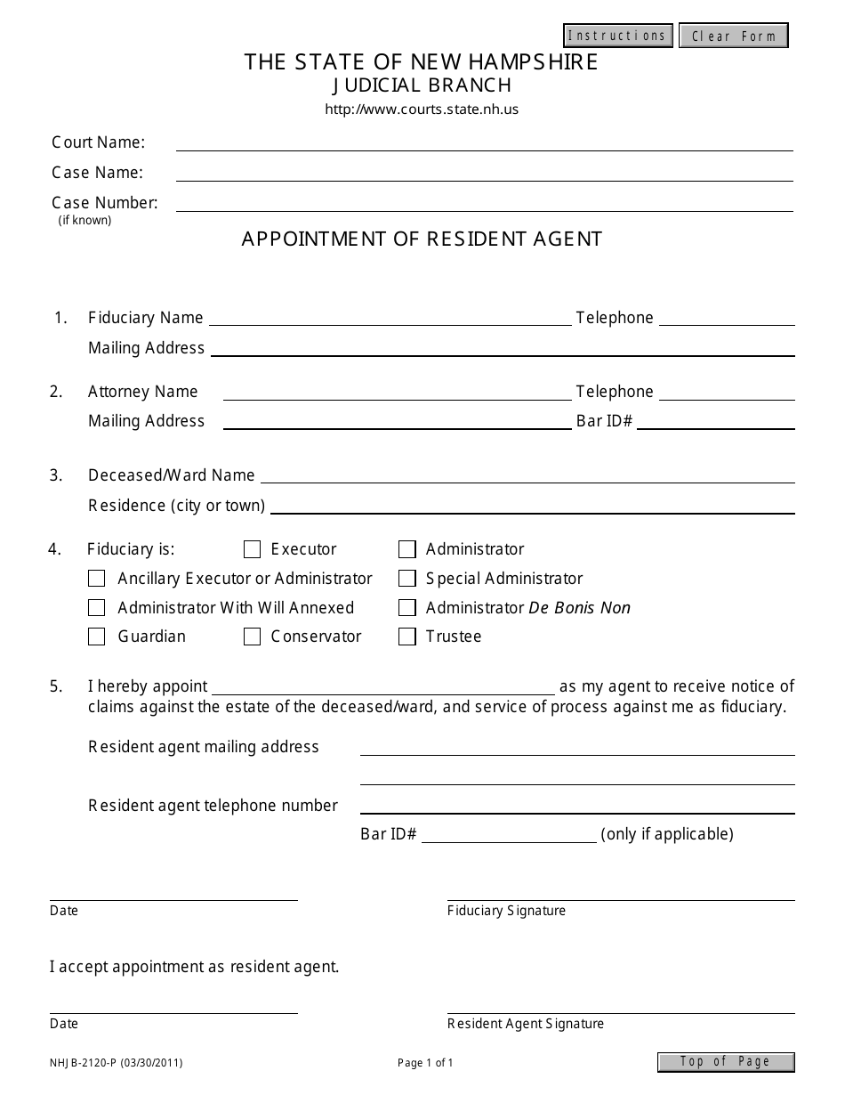 Form NHJB-2120-P Appointment of Resident Agent - New Hampshire, Page 1