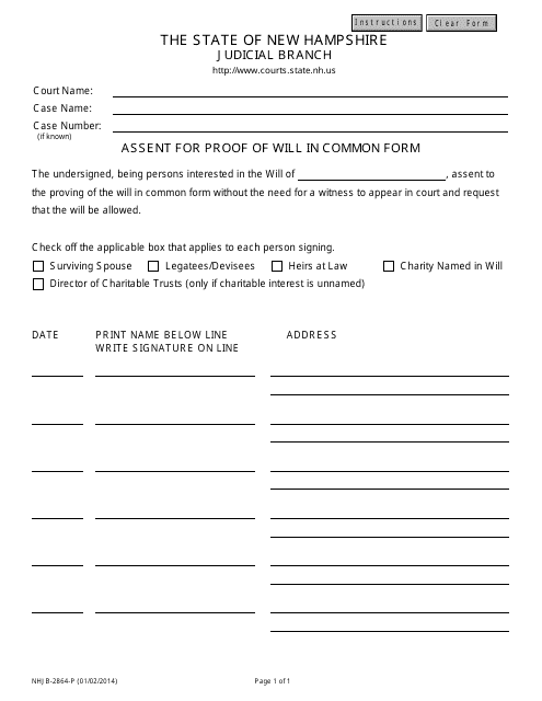 Form NHJB-2864-P Assent for Proof of Will in Common Form - New Hampshire