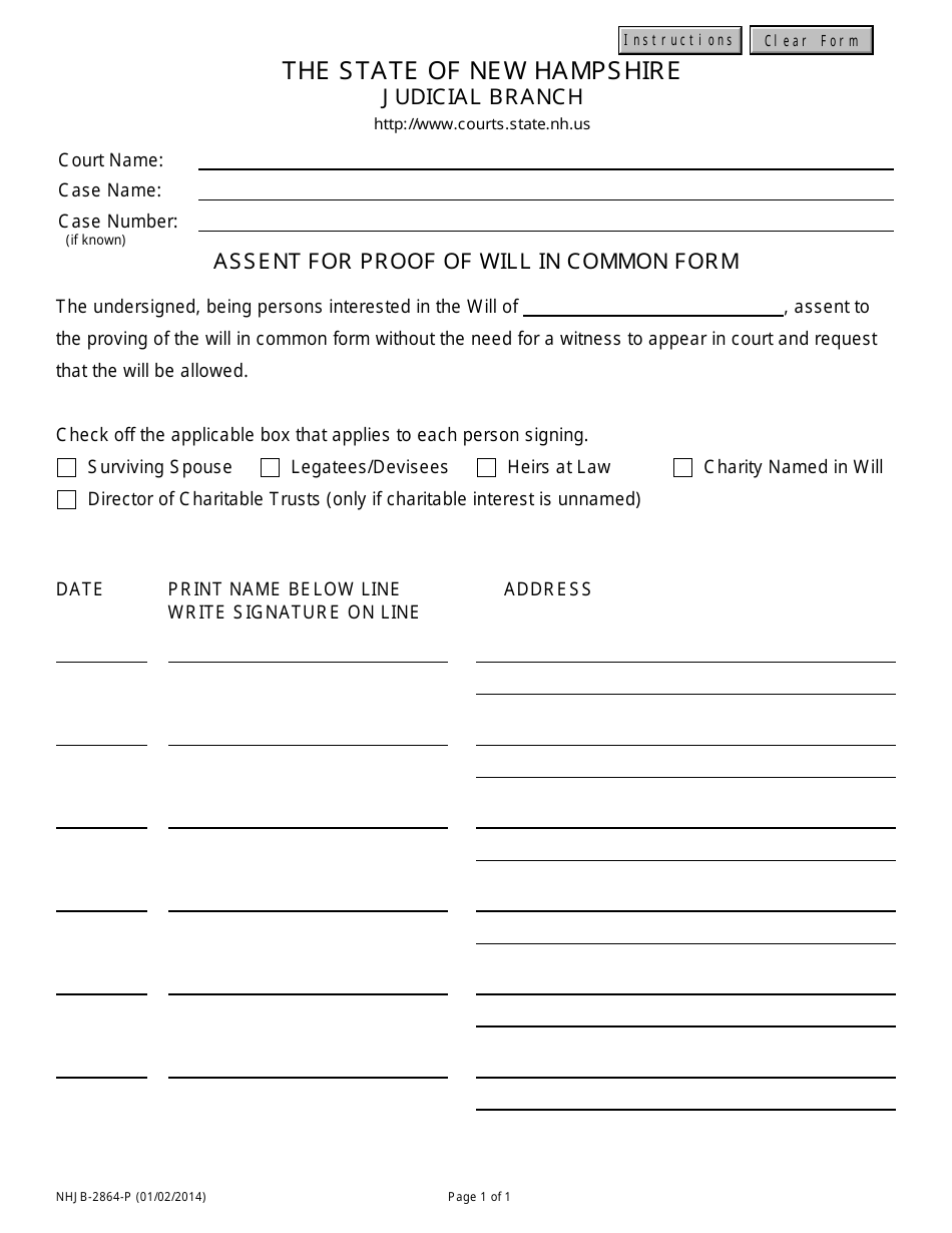 Form NHJB-2864-P Assent for Proof of Will in Common Form - New Hampshire, Page 1