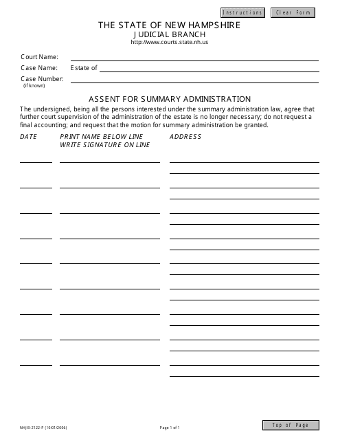 Form NHJB-2122-P Assent for Summary Administration - New Hampshire