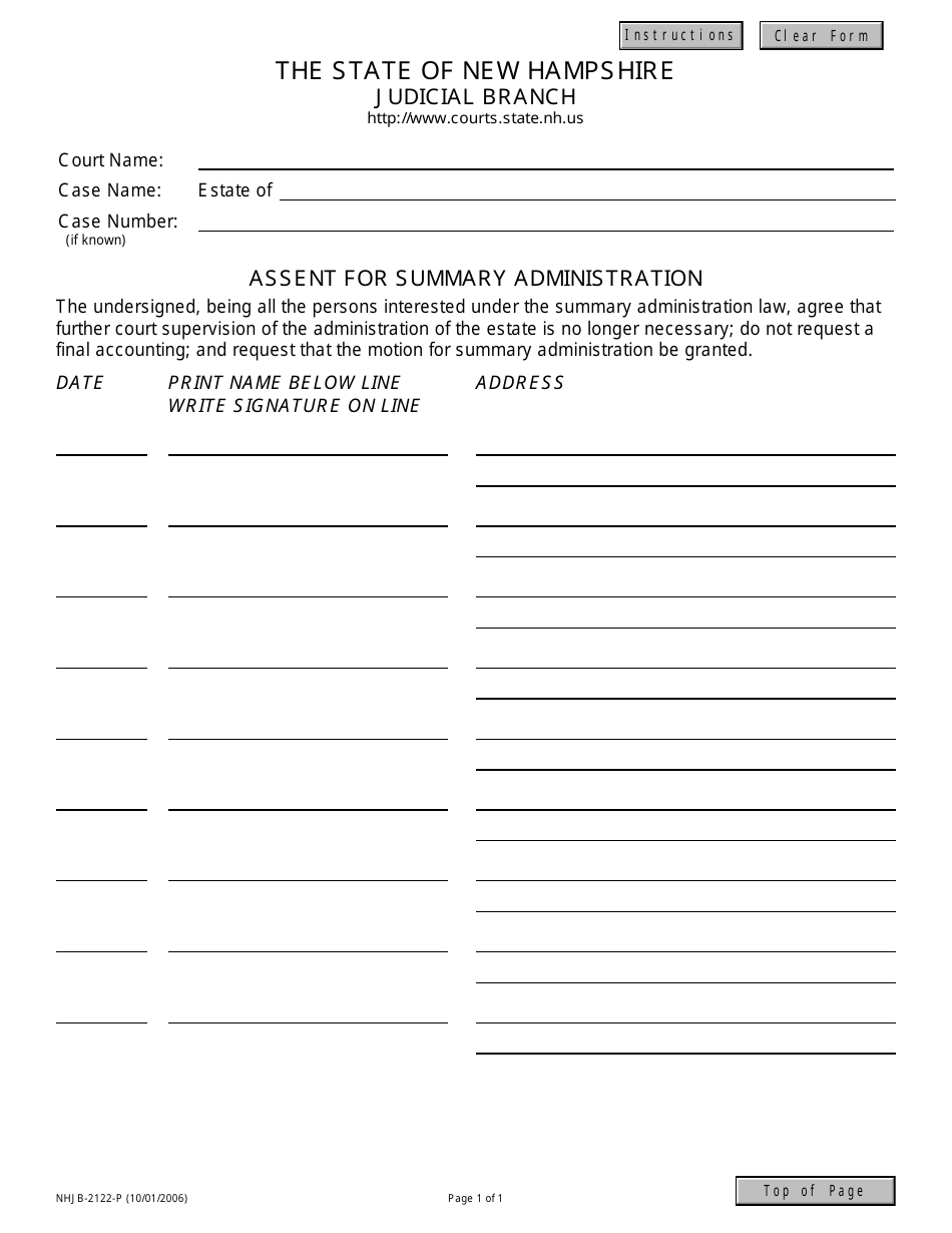 Form NHJB-2122-P Assent for Summary Administration - New Hampshire, Page 1